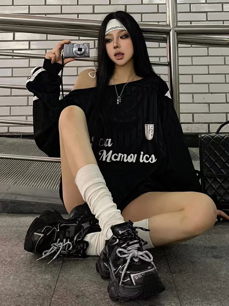 Spring and winter new American oblique shoulder long sleeve printed letter hoodie loose casual spice girls shirt T-shirt women