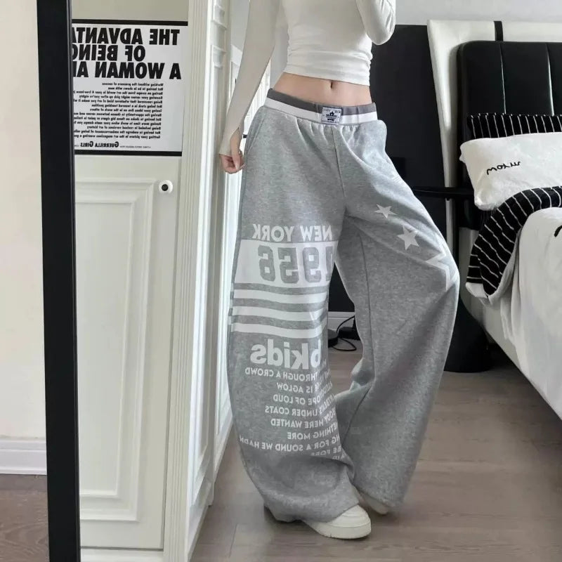 Women's Hiphop Letter Star Print Sports Casual Sweatpants Summer Trousers Girl Wide Leg Bottoms Female High Waisted Thin Pants
