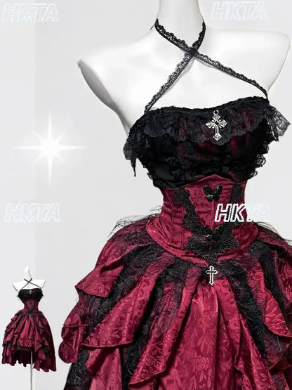Women's Gothic Halter Lace Skirt Set