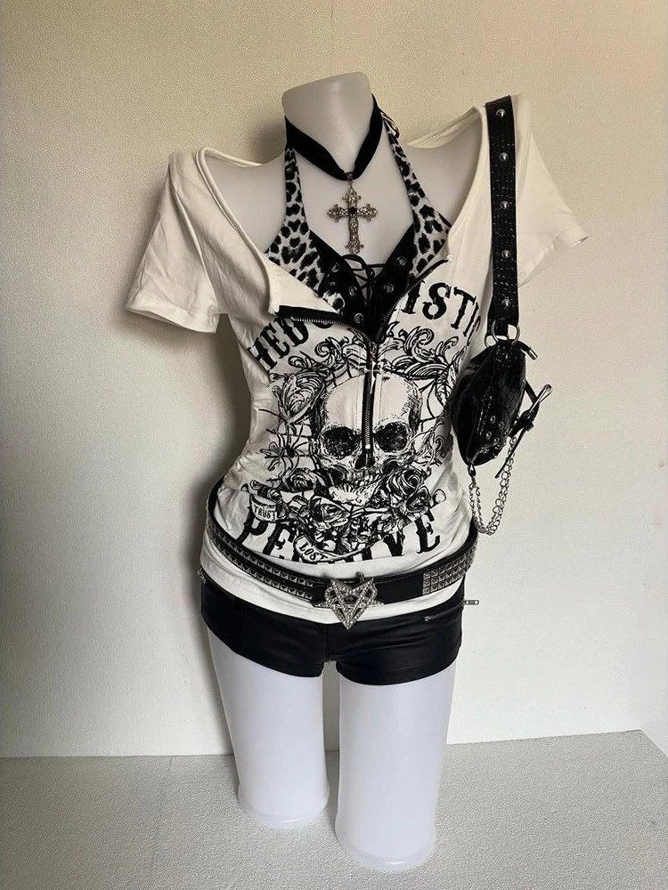 Women's Subculture Skull Print Fake Two-Piece T-Shirt Summer Gothic Slim Fit Halter Tops Y2K Harajuku Grunge Punk Fashion Tees