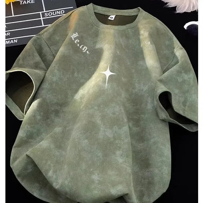 American Style Dyed Short Sleeve T-Shirt Men's Summer Ice Silk Retro Trendy Loose Sorona Body Fit Camouflage Crew Neck T-Shirt