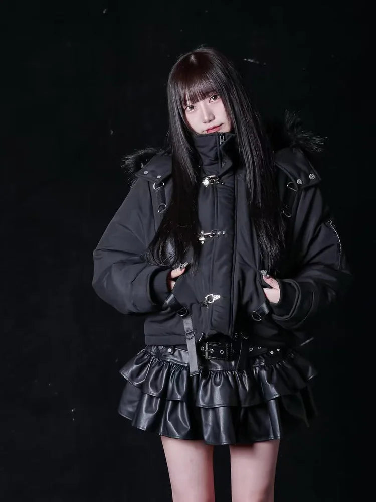 Subculture Gothic Dark Black Shorts Parkas Winter New 2025 Girls' Sweet Cool Fashion Punk Style Metal Button Hooded Coat Jacket
