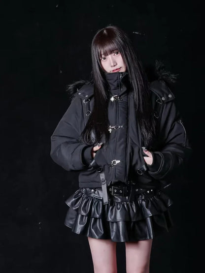 Subculture Gothic Dark Black Shorts Parkas Winter New 2025 Girls' Sweet Cool Fashion Punk Style Metal Button Hooded Coat Jacket