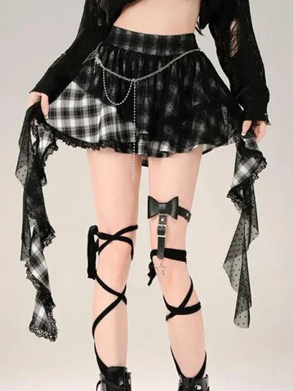 Y2K Harajuku Plaid Skirt Women Retro Streetwear High Waist Gothic Mini Skirt Retro Lace Patchwork Punk Fashion Skirt New Style
