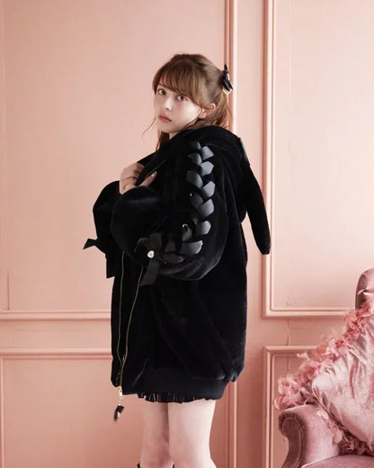 High Quality Japanese Winter New Sweet Cute Mine Cute Rabbit Ear Plush Cotton Coat Jacket Girl Lolita Fur Coats Women Parkas