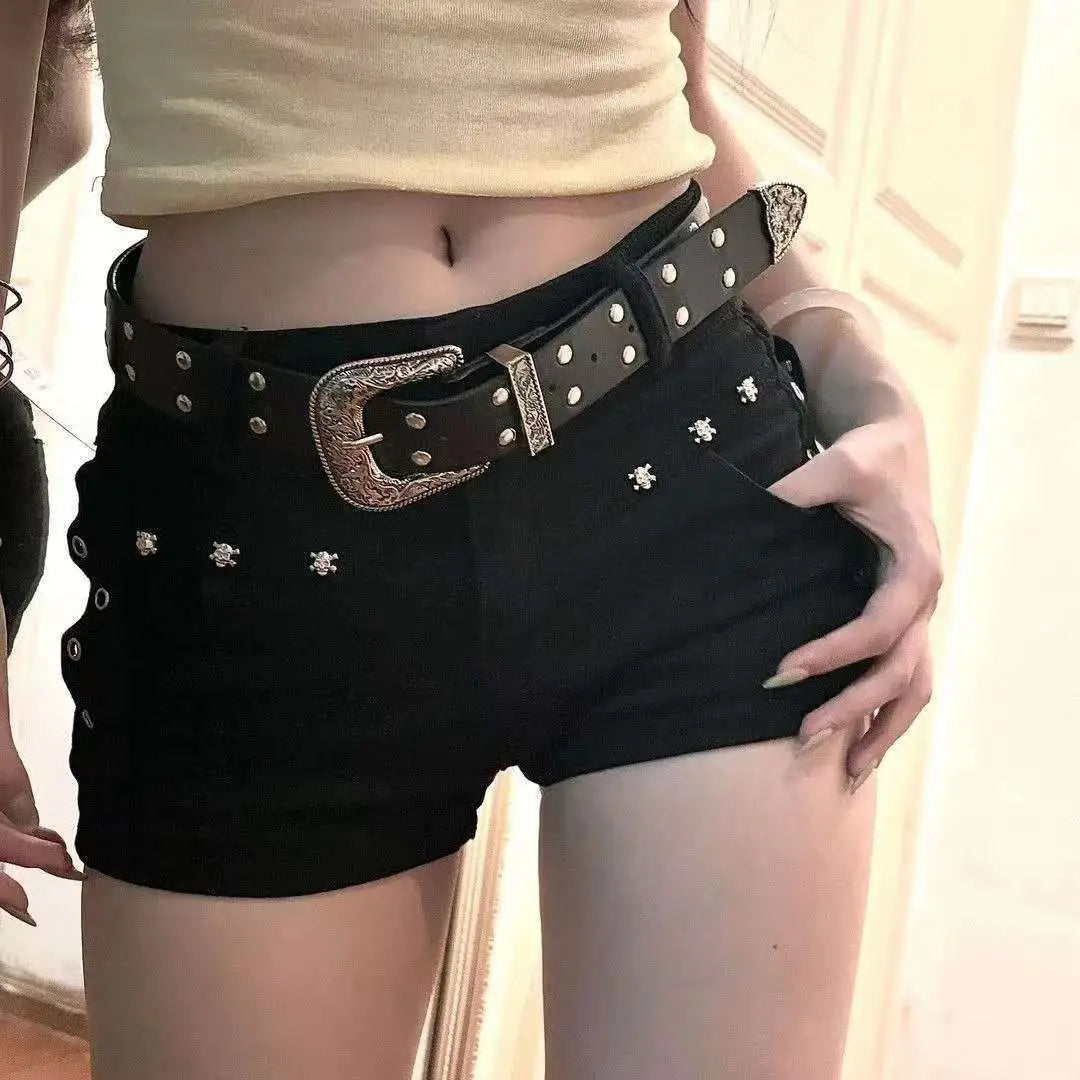 Aoaiiys Short Jeans Woman Harajuku Fashion Rivet White Shorts Summer 2026 New Gothic Spice Girls Sexy Low Waisted Slim Shorts