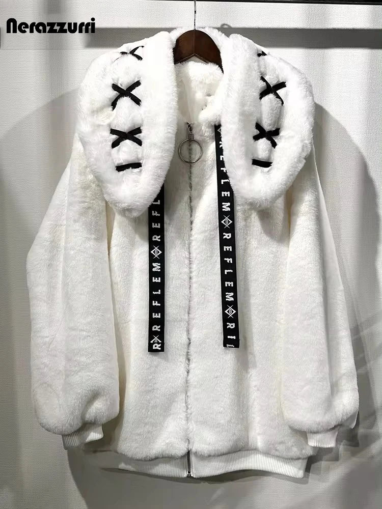 Women's White Faux Fur Bunny-Ear Coat