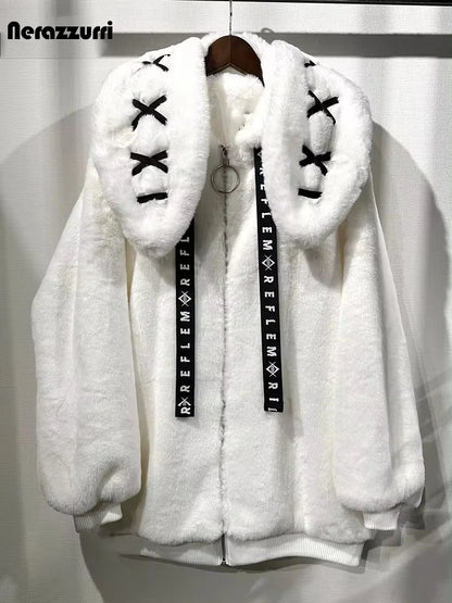Women's White Faux Fur Bunny-Ear Coat