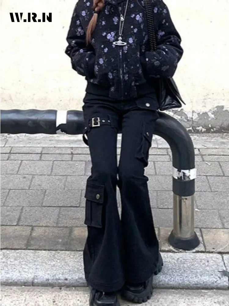 Aesthetic Dark Style Street Y2K Slim Fit Jeans Women's Vintage Sheath Gothic Pants High Waisted Hotsweet Black Denim Trouser