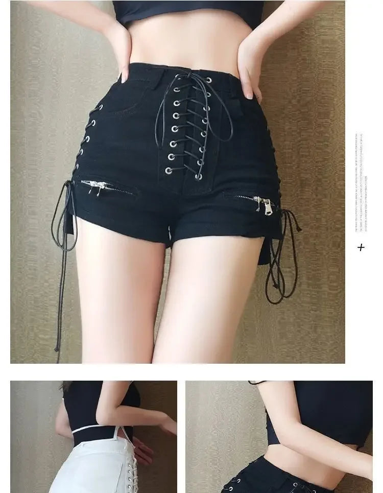2024 New Bandage Sexy Denim Shorts Women Streetwear Gothic Jeans Mini High Waist Lace Up Casual Zip Black Goth Club Fashion
