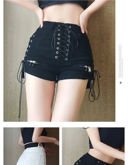 2024 New Bandage Sexy Denim Shorts Women Streetwear Gothic Jeans Mini High Waist Lace Up Casual Zip Black Goth Club Fashion