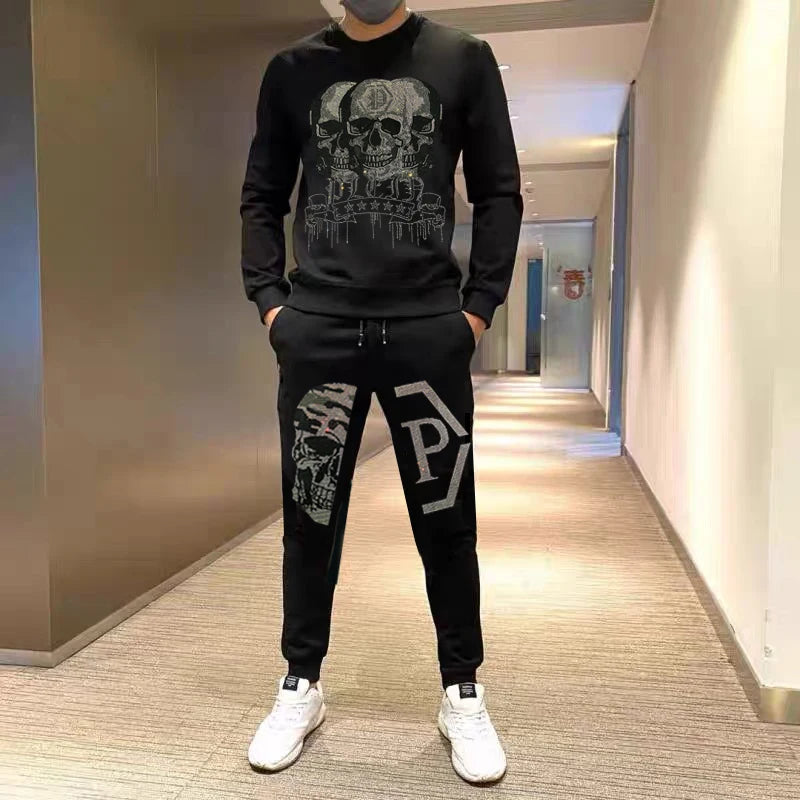 Men's suit, sports shirt, sports pants, two-piece set, fashionable letter, hot fashion skull rhinestones, hooded sportswear, men