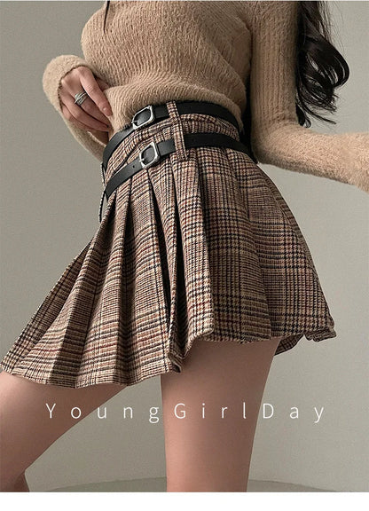 WOMENGAGA Preppy Style High Waist Slim Double Belt Slip Plaid Pleated Skirt Fashion Sexy Korean Women JK Skirts Sweet X8WN