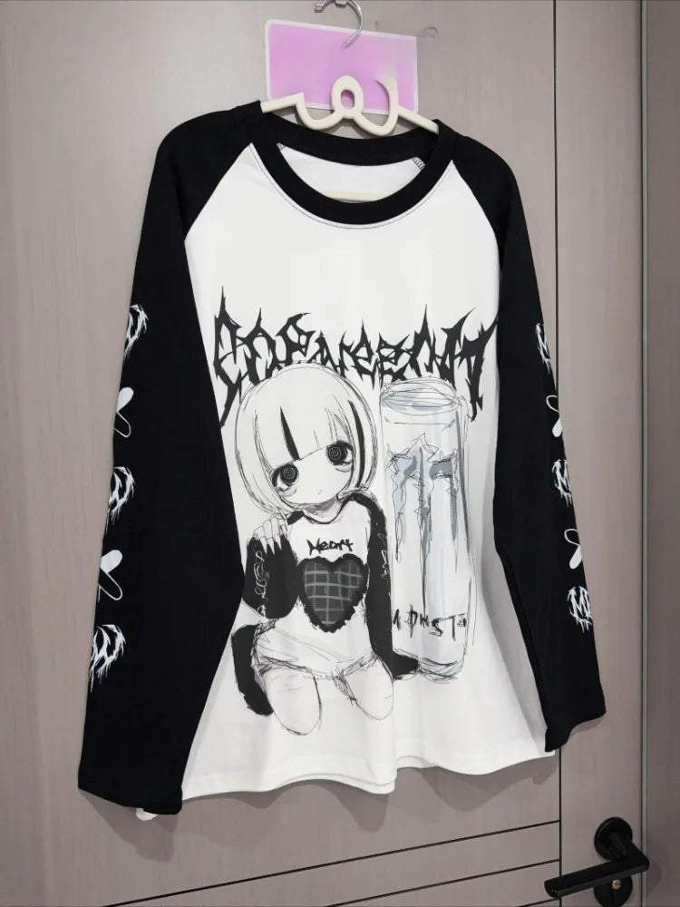 Kimutomo T Shirts Women Cartoon Printed Long Sleeve Loose Fashion Punk Style Grunge Gothic Y2k Aesthetic Harajuku Tops Ladies