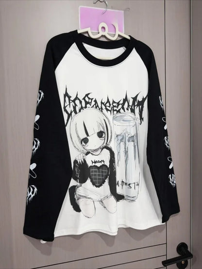 Kimutomo T Shirts Women Cartoon Printed Long Sleeve Loose Fashion Punk Style Grunge Gothic Y2k Aesthetic Harajuku Tops Ladies