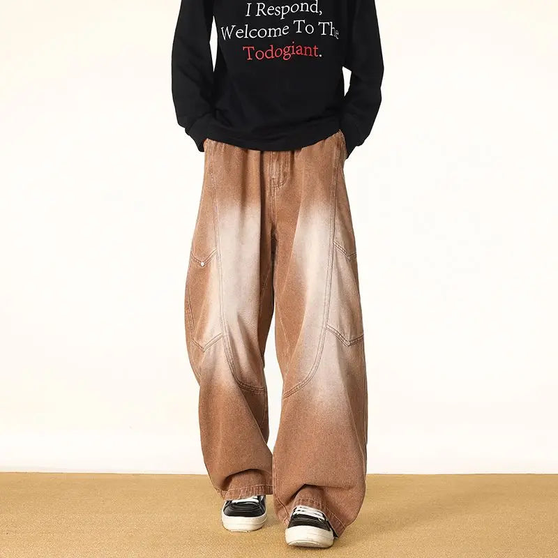 Men's Spring And Autumn Fashion Washed Large Versatile Casual Pants Retro Splicing Nail Beaded Jeans Loose Straight Leg Pants