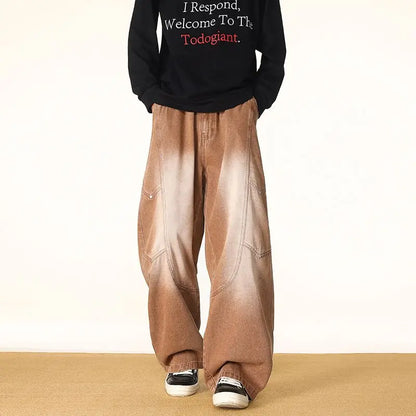 Men's Spring And Autumn Fashion Washed Large Versatile Casual Pants Retro Splicing Nail Beaded Jeans Loose Straight Leg Pants