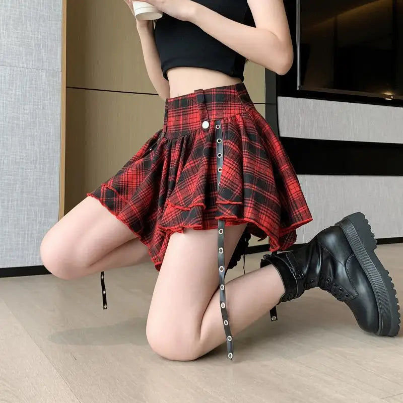 Sexy Plaid Pleated Mini Skirts For Women Y2k Casual Simple Korean Fashion Preppy Style Vintage Chic High Waist Faldas Hotsweet
