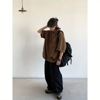 2024 New Summer Japanese Mens Set Harajuku Mid Sleeved Trendy Shirt+ Wide-leg Cargo Pants 2-pcs Thin Casual College Male Suit