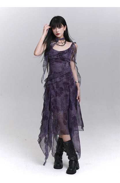 Women's Purple Tie-Dye V-Neck Midi Dress