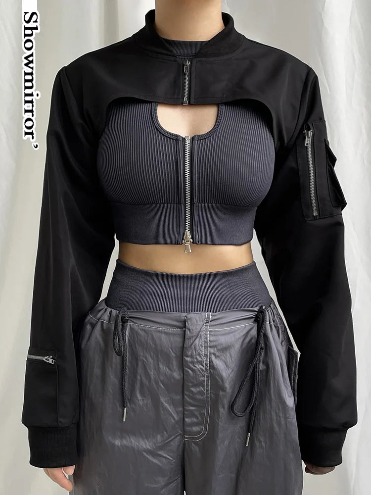 Showmirror Super-short Black Jacket Zipper Long Sleeve Harajuku Cropped Tshirt Gothic Techwear Fashion Korean Tee Punk Street