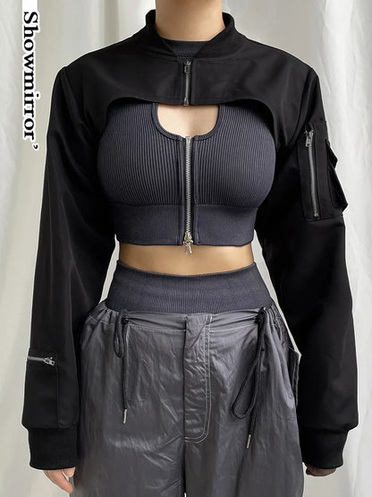 Showmirror Super-short Black Jacket Zipper Long Sleeve Harajuku Cropped Tshirt Gothic Techwear Fashion Korean Tee Punk Street