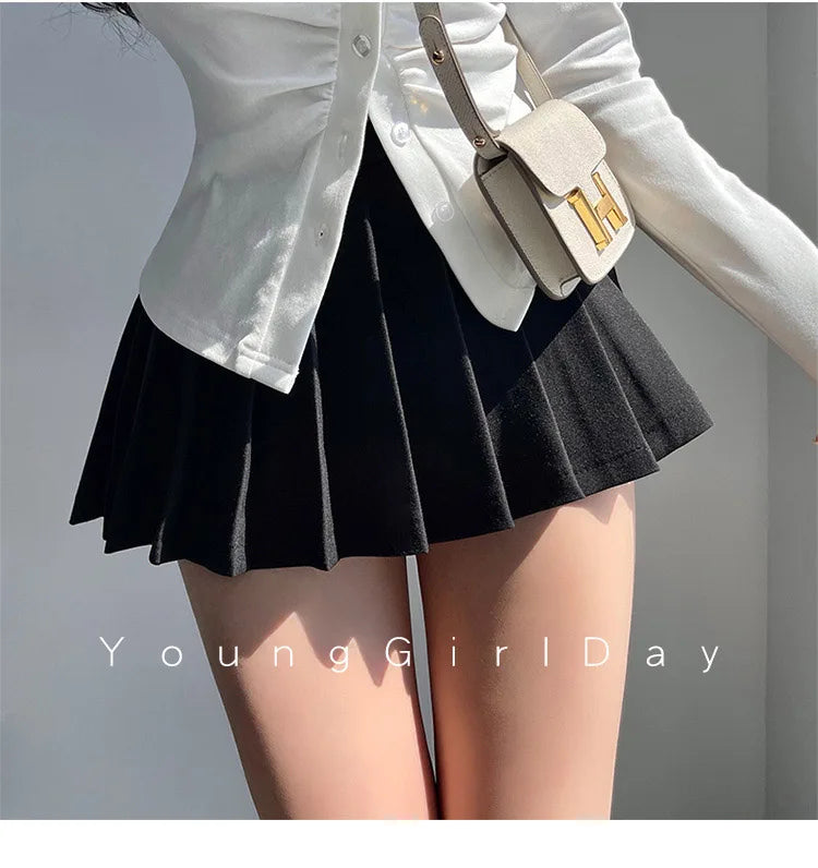  Pleated Skirt with Shorts Women Sexy High Waist White Black A-line Korean Gyaru Mini Tennis Skirt School Girl Summer