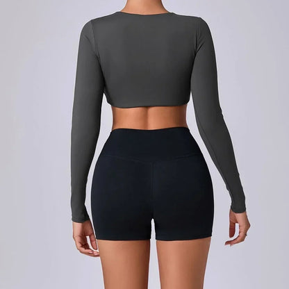 Crop Top Women Long Sleeve Tees 2026 Gym Shirt Padding Sports T-shirts Push Up Yoga Clothing Black White Blue Coffee Gray Navy
