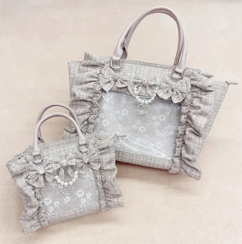 Japanese Style Mine Bags Women Ruffled Lace Lolita Girls Rhienstone Pearl Bowknot Square Tote Shoulder Portable Bolso Handbags