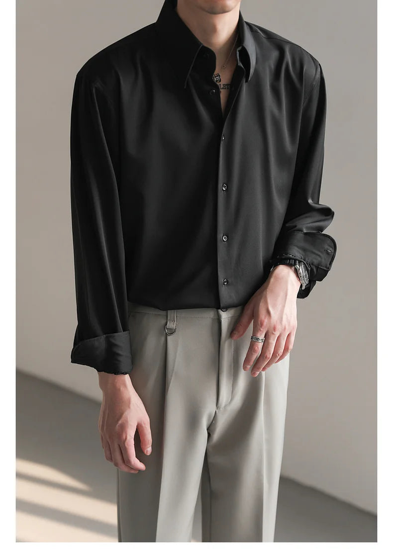 Black White Shirt Men Fashion Social Mens Dress Shirt Korean Loose Long Sleeved Shirt Mens Office Formal Shirts Ice Silk M-2XL