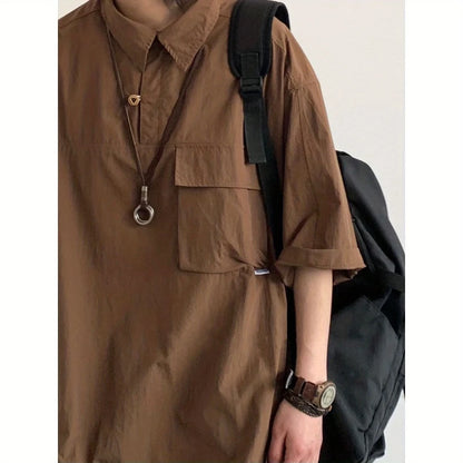 2024 New Summer Japanese Mens Set Harajuku Mid Sleeved Trendy Shirt+ Wide-leg Cargo Pants 2-pcs Thin Casual College Male Suit