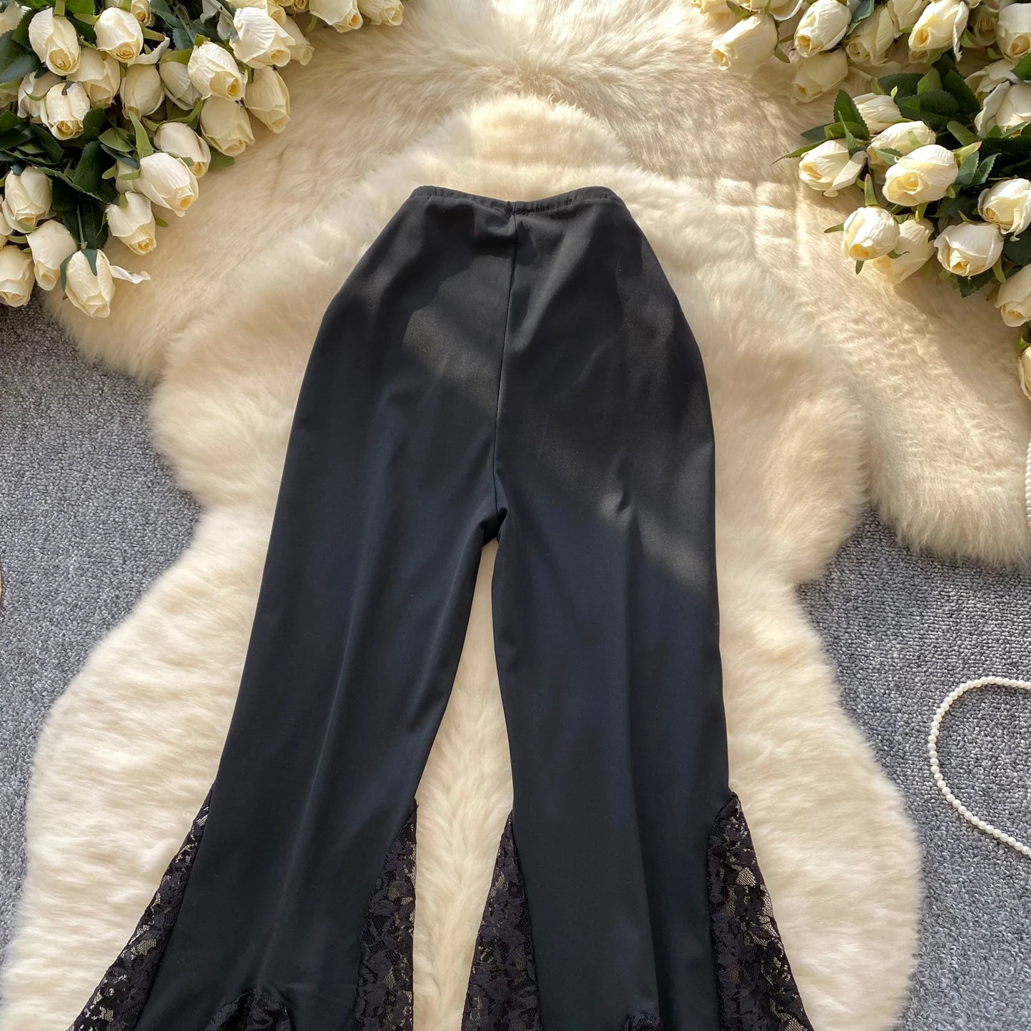 SINGREINY American Ins Hotsweet Pants Women High Waist Mesh Splice Lace Design Fashion Streetwear Skinny Flared Long Pants
