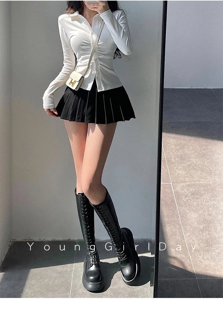  Pleated Skirt with Shorts Women Sexy High Waist White Black A-line Korean Gyaru Mini Tennis Skirt School Girl Summer
