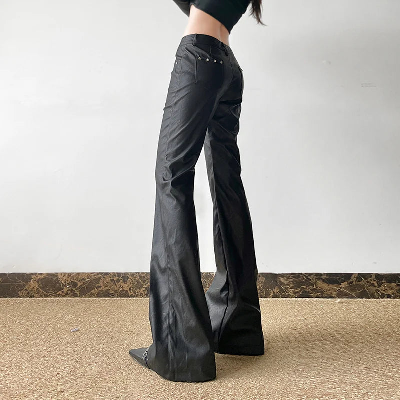 2025 Autumn Winter Women's PU Pants Low Rise Goblin Core Faux Leather Trousers Bell Bottom Gothic Japanese Y2k Stretch 2000s New