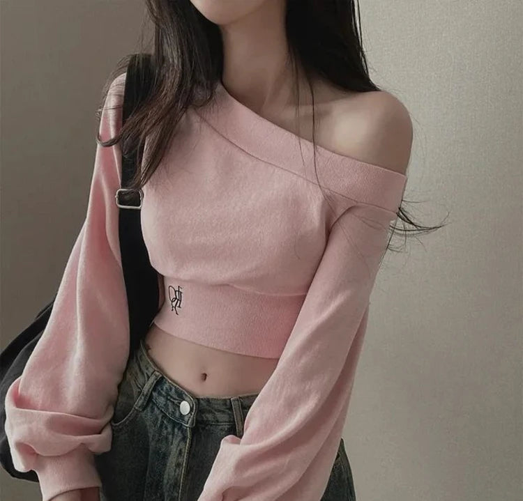 Slim Fit Long Sleeve Hoodie Women's Style Irregular Collar Show Shoulder Waist Cinching Short Length Commute Fashion  Color