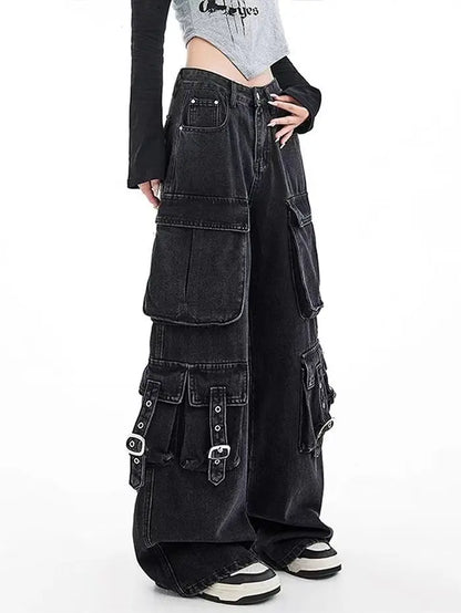 Black Gothic Punk Multi-Pocket Zipper Denim Jeans Men And Women Y2K American Baggy Fashion High Waist Loose Wide-Leg Jeans