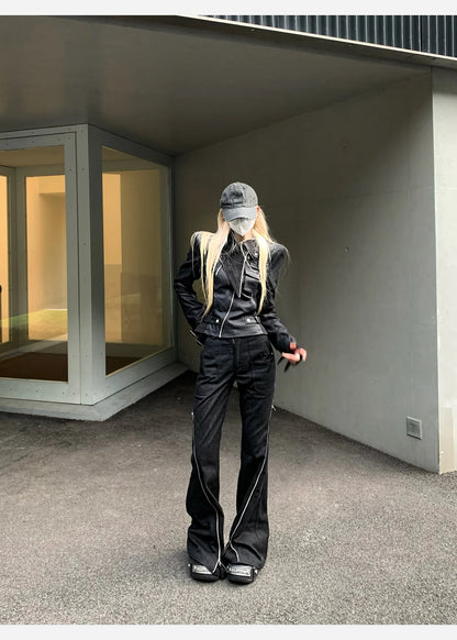 Lautaro Spring Autumn Cool Handsome Short Black Fitted Pu Leather Jacket Women Long Sleeve Zip Up Luxury Designer Clothing 2025
