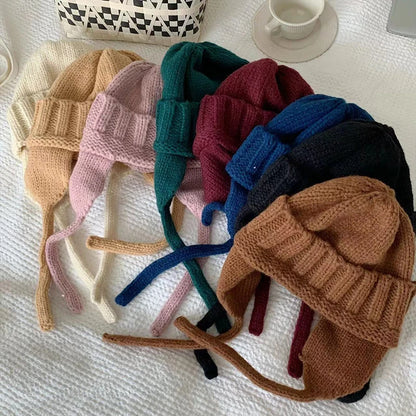 New Winter Cute Candy Colors Knitted Cap Fashion for Women Skullies Beanies Outdoor Windproof Thickened Warm Ear Protection Hat