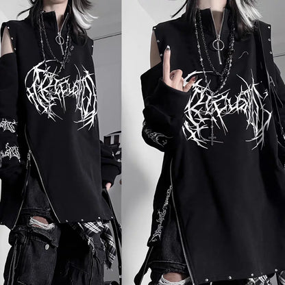 Kimotimo Punk Printed Long Sleeve T-shirt Women Harajuku Off Shoulder Zipper Stand Collar Niche Tops Vintage Gothic Loose Tees