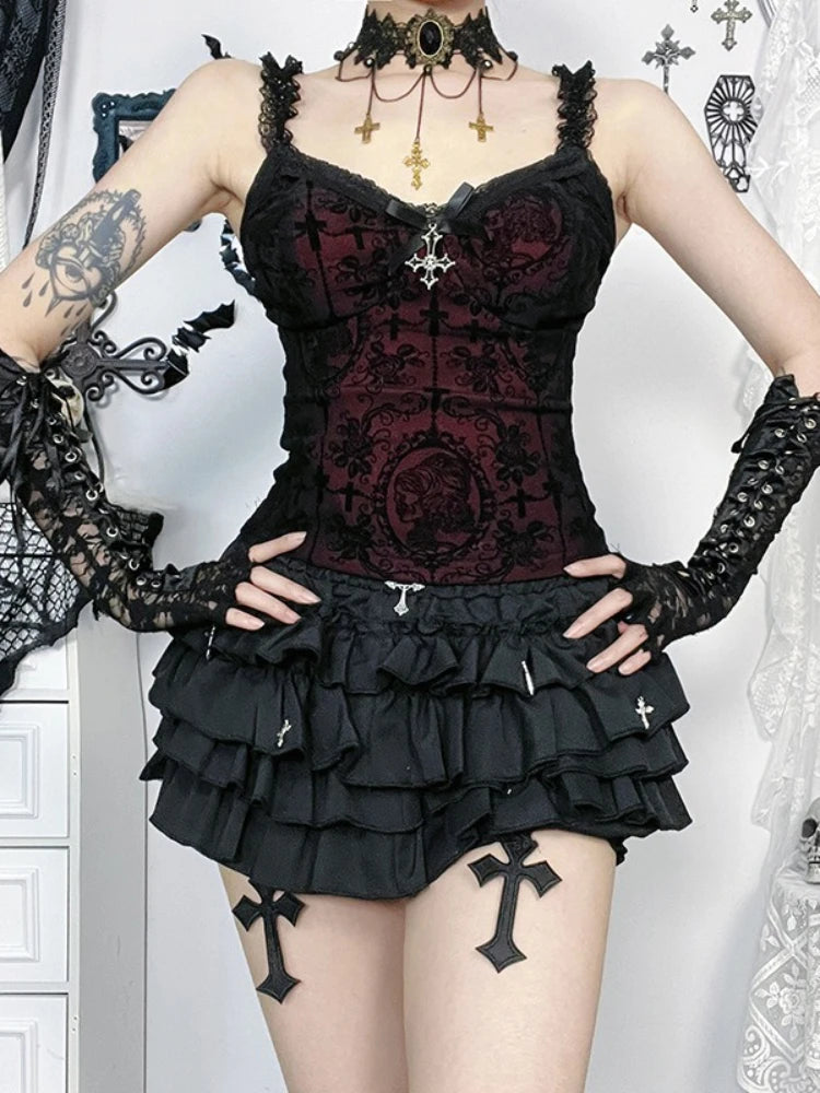 Mall Gothic Spaghetti Strap Tanks Top Hot Sexy V-neck Lace Patchwork Camisole Basic Slim Vests Summer Techwear Women