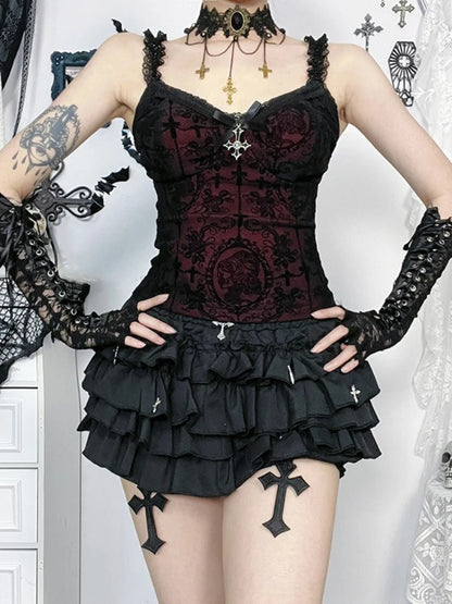 Mall Gothic Spaghetti Strap Tanks Top Hot Sexy V-neck Lace Patchwork Camisole Basic Slim Vests Summer Techwear Women