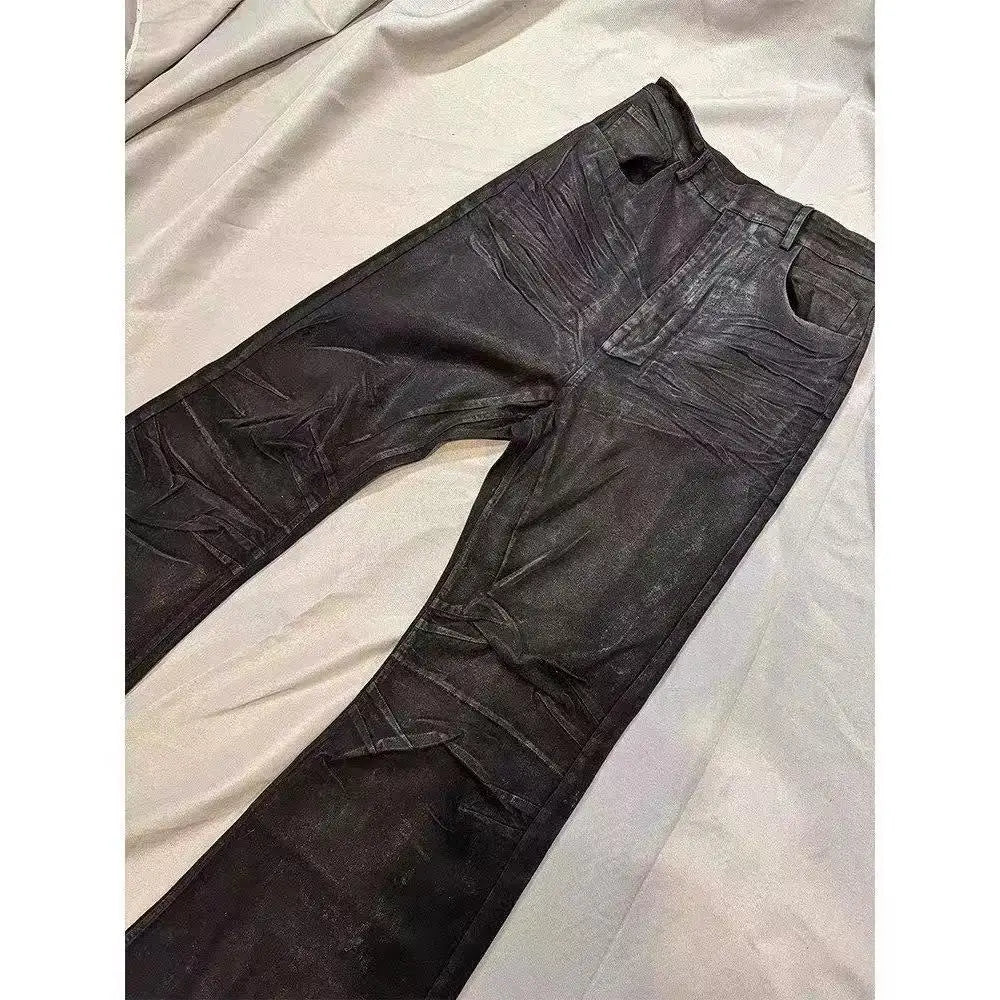 American retro heavy industry men and women black gothic retro casual loose jeans High street coated micro-flare jeans