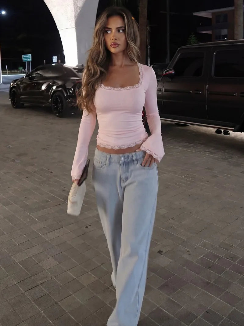 Women's Y2K Lace Patchwork Pink T-Shirt