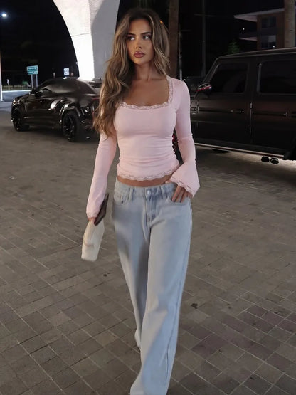 Women's Y2K Lace Patchwork Pink T-Shirt