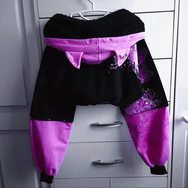 New Purple Cropped Hoodie Women Butterfly Graphic Print kawaii Cat Ear Zip Up Drawstring Waist Y2K Gothic Streetwear Sweatshirt