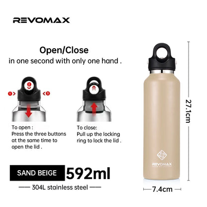 RevoMax-Double Wall Insulated Water Bottle, Outdoor Travel Sports Bottles, Stainless Steel Thermos for Tea, Thermal Cup, 600ml
