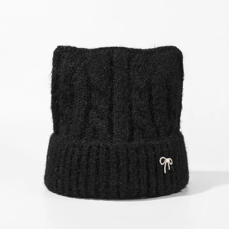 Cute Cartoon Cat's Ears Thickened Knit Hat women's Bow Wool Hat Ear Protection Warm Hat Bonnets Beanies 4m730