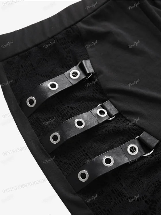 Plus Size Women Elastic Waist Pants Black Gothic Fishnet Hollow Out Patchwork Buckle Grommet Skinny Pant Bottoms
