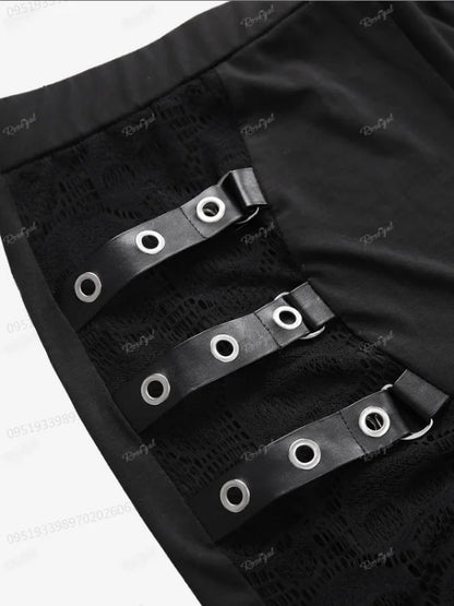 Plus Size Women Elastic Waist Pants Black Gothic Fishnet Hollow Out Patchwork Buckle Grommet Skinny Pant Bottoms