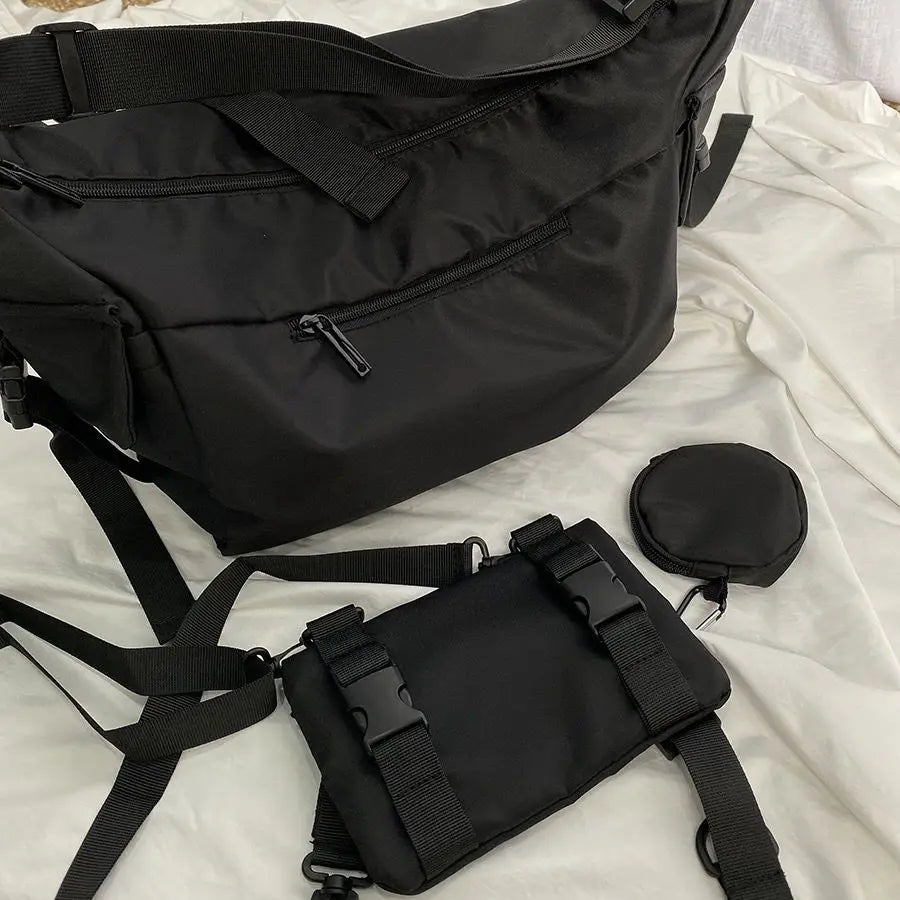Shopper Nylon Shoulder Gothic Black Crossbody Messenger Tote Bags For Men Women's Hip Hop Techwear Satchel Waist Goth Postman